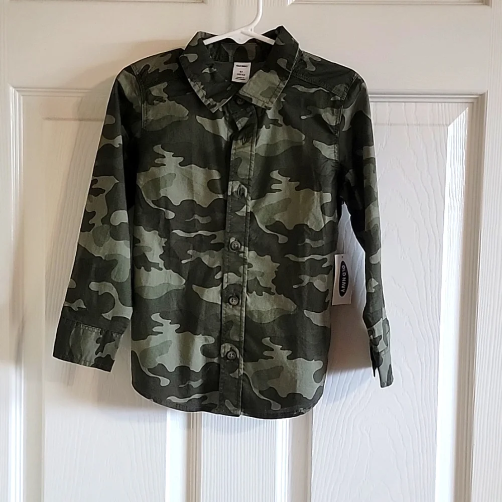 Boys Old Navy button down tops, white with blue sharks and camouflage green